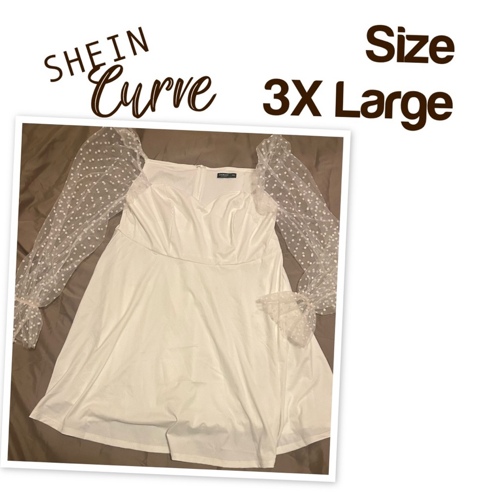 SHEIN White Dress with Sheer Polka Dot Sleeves
